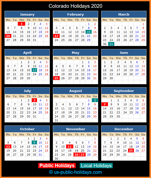 Colorado Holiday Calendar 2020